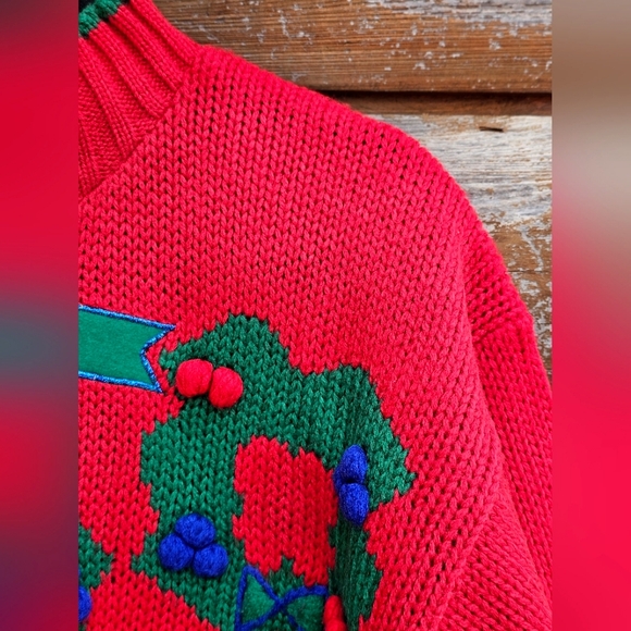 Vintage Karen Scott Red Wreath Christmas Sweater Embroidered 3D Poms High Neck - Picture 8 of 11